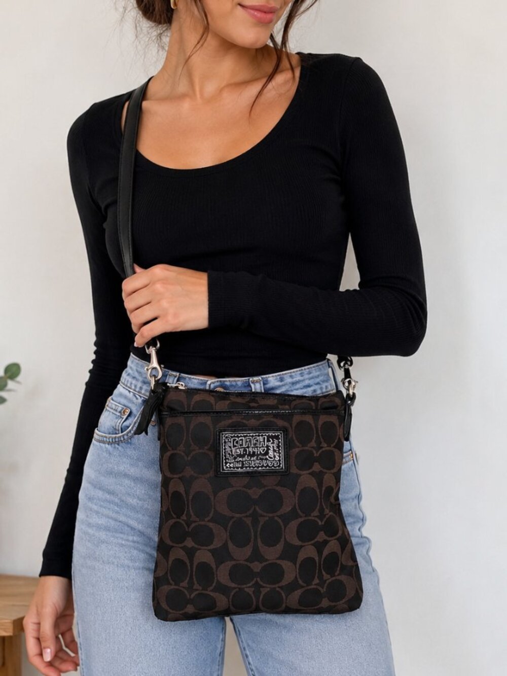 Coach Signature Monogram Canvas Crossbody Bag Brown Black Adjustable Strap